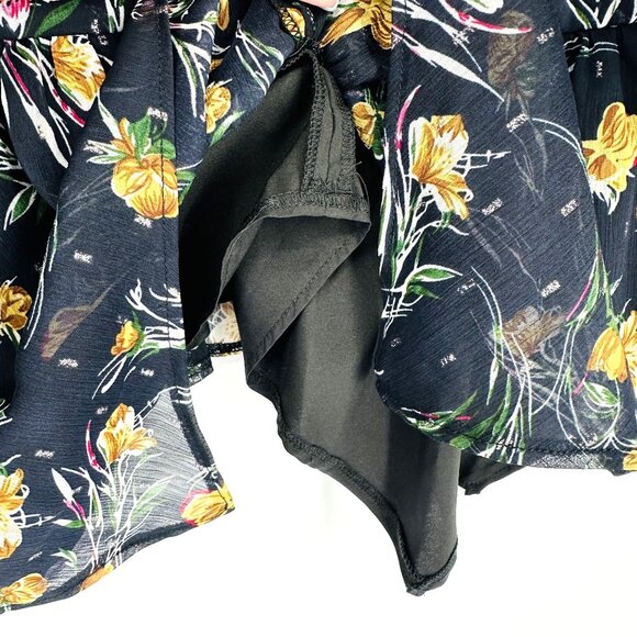 Lea & Viola Navy Blue Multicolor Floral Asymmetric Ruffle Sleeve Blouse Top L - Picture 5 of 9